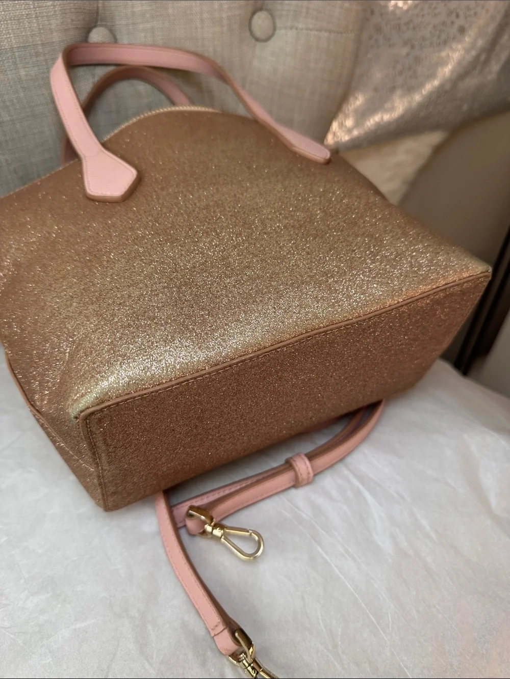 kate spade Gold Glitter Tote with Pink Handles